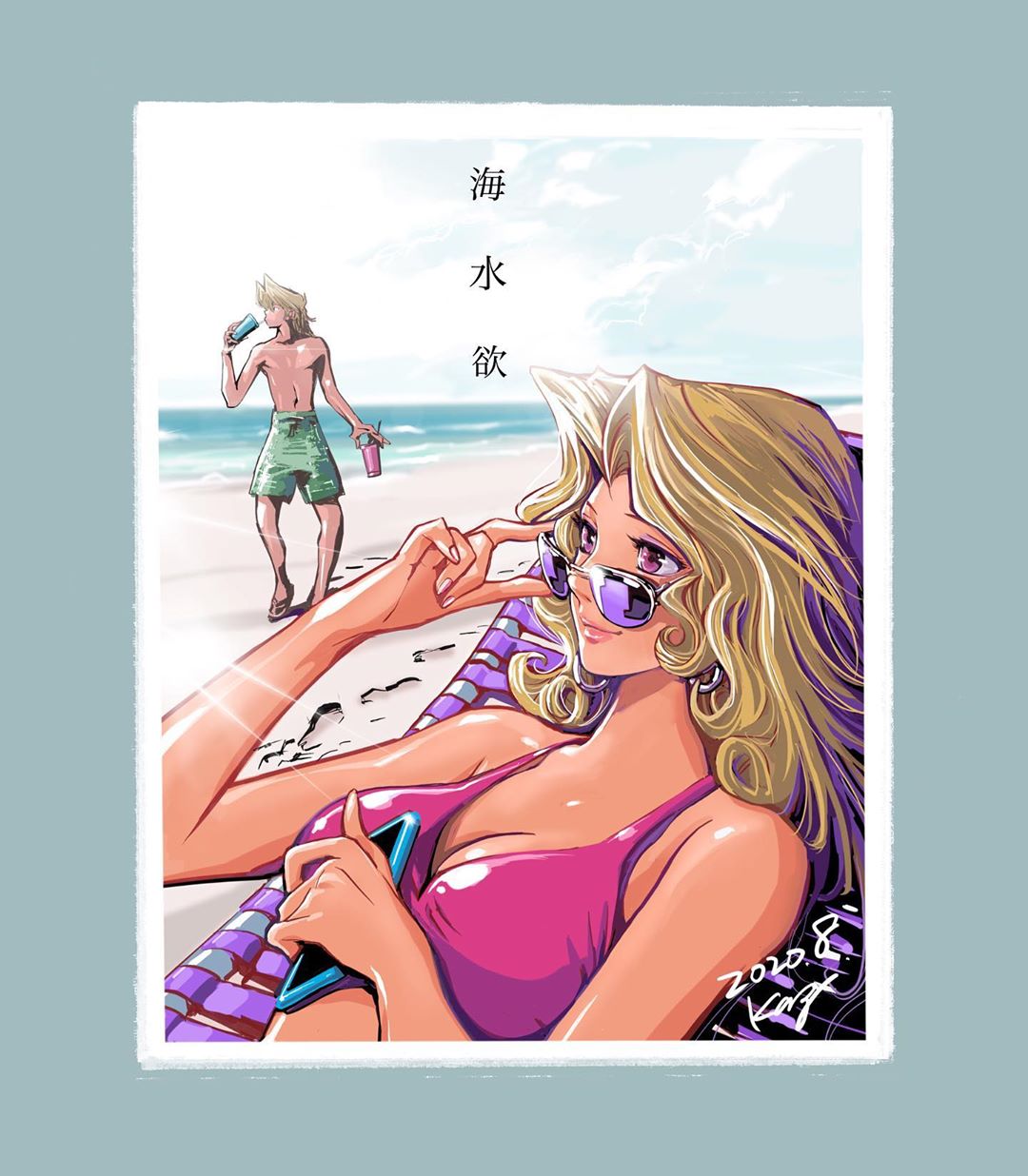 1boy, 1girl, 2020, beach, bikini, bikini_top, blonde_hair, blue_border