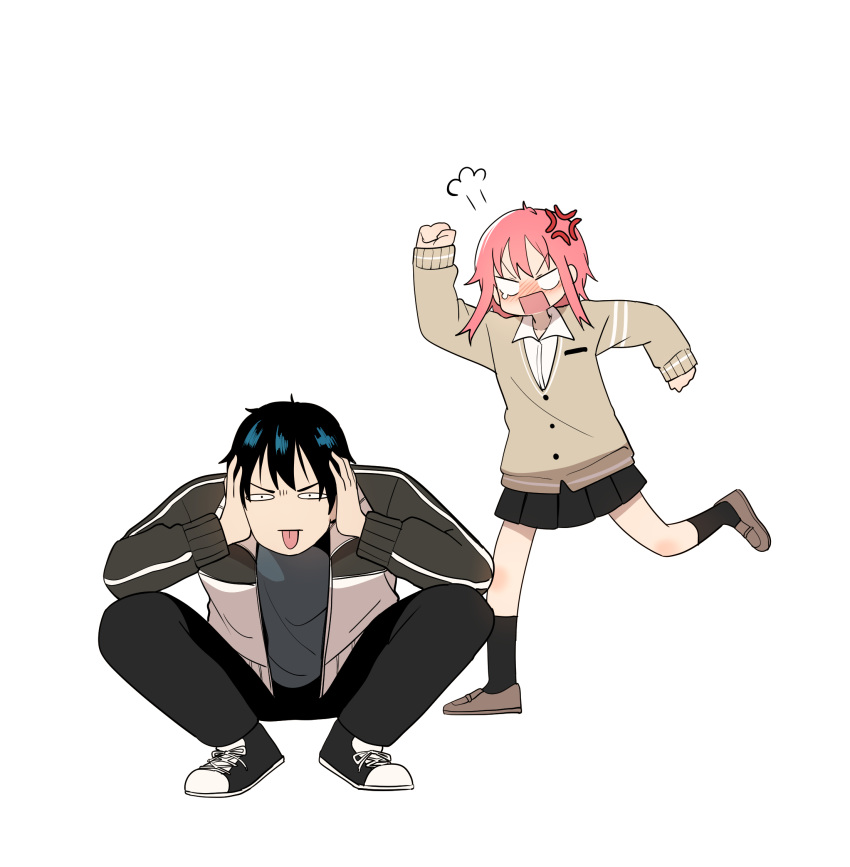 1boy, 1girl, :p, anger_vein, angry, black_hair, black_legwear, black_skirt