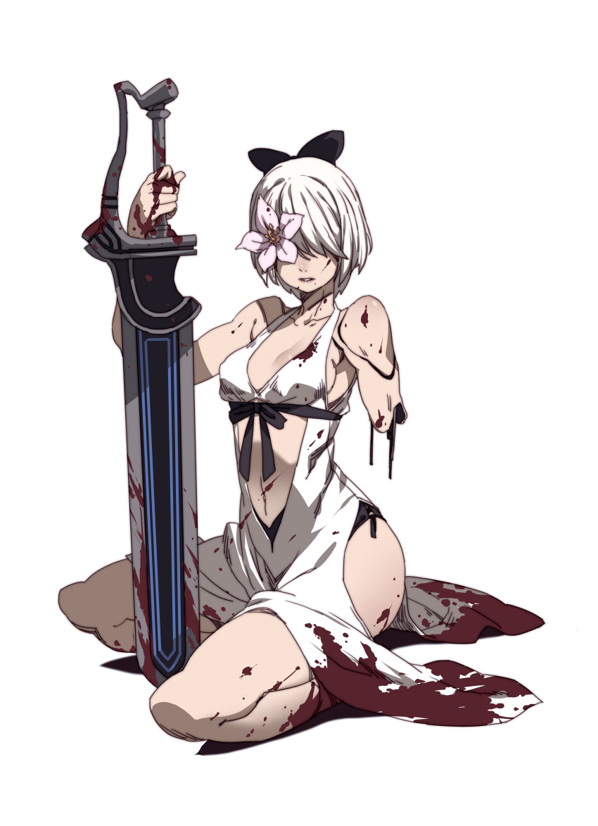 1girl, absurdres, amputee, android, black_bow, black_panties, blood, bow, breasts, cosplay, drag-on_dragoon, drag-on_dragoon_1, drag-on_dragoon_3, dress, flower, hair_bow, hair_flower, hair_ornament, hand_on_hilt, highres, mechanical_parts, medium_breasts, nier_(series), nier_automata, panties, parted_lips, sash, short_hair, simple_background, solo, sword, tasaka_shinnosuke, underwear, weapon, white_background, white_dress, yorha_no._2_type_b, zero_(drag-on_dragoon), zero_(drag-on_dragoon)_(cosplay)