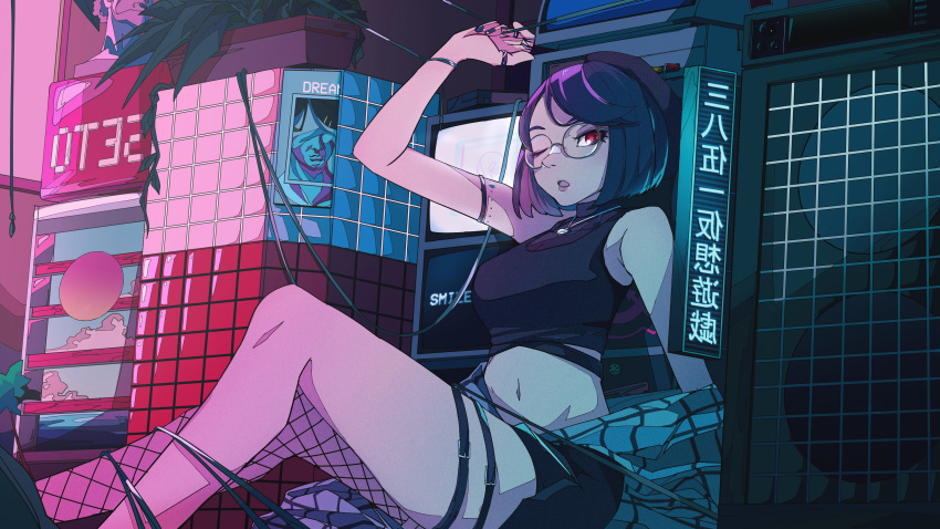 1girl, absurdres, beret, black_nails, bob_cut, breasts, fishnet_legwear, fishnets