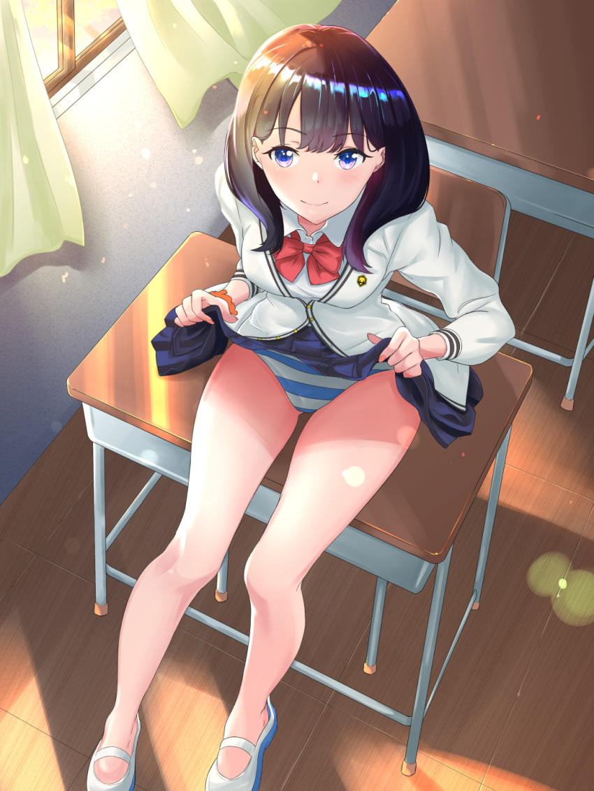 1girl, bangs, bare_legs, black_hair, blue_eyes, blue_panties, blue_skirt, bow, bowtie, breasts, classroom, collared_shirt, desk, highres, indoors, lifted_by_self, long_hair, long_sleeves, medium_breasts, momo_911, on_desk, orange_scrunchie, panties, pleated_skirt, red_neckwear, school_desk, school_uniform, scrunchie, shirt, shoes, sitting, sitting_on_desk, skirt, skirt_lift, ssss.gridman, straight_hair, striped, striped_panties, takarada_rikka, thighs, underwear, uwabaki, white_shirt, wrist_scrunchie