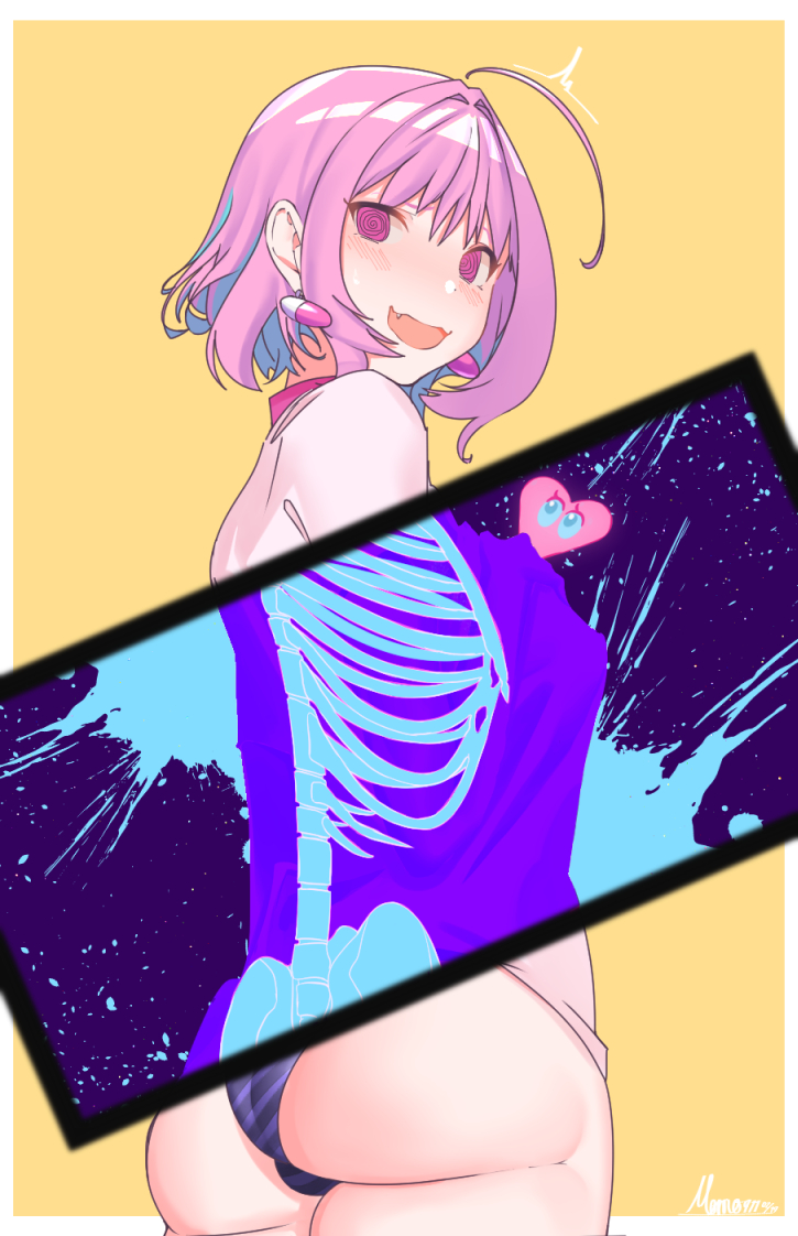 /\/\/\, 1girl, @_@, ahoge, ass, bangs, blue_hair, blue_panties