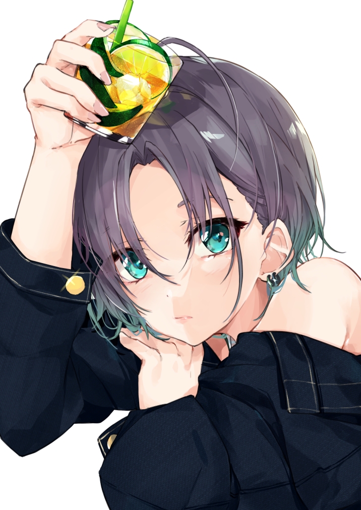 1girl, ahoge, asakura_tooru, bangs, bare_shoulders, black_hair, blue_eyes, blue_hair