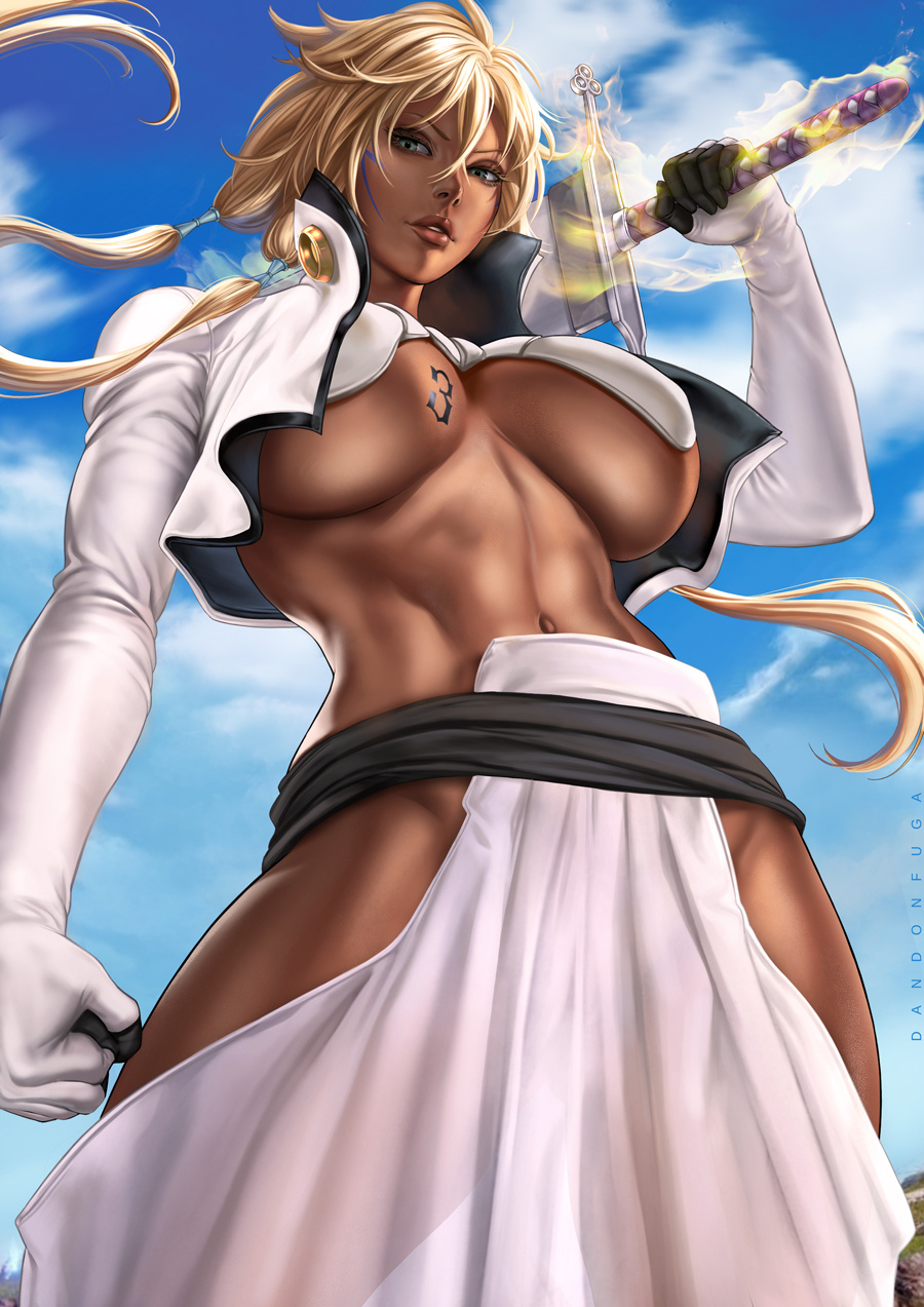 1girl, ahoge, bleach, blonde_hair, breasts, dandon_fuga, dark_skin, gloves