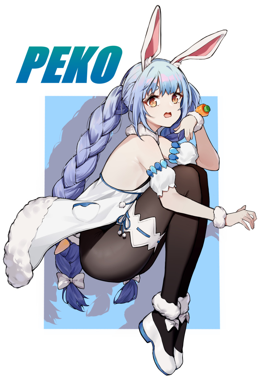 1girl, absurdres, alternate_hair_color, animal_ear_fluff, animal_ears, bangs, bare_shoulders, black_legwear, blue_hair, braid, brown_eyes, carrot_hair_ornament, commentary, detached_sleeves, don-chan_(hololive), dress, drop_shadow, eyebrows_behind_hair, food_themed_hair_ornament, full_body, hair_ornament, highres, hololive, knees_up, kuo_(kuo114514), long_hair, looking_at_viewer, open_mouth, pantyhose, puffy_short_sleeves, puffy_sleeves, rabbit_ears, shoes, short_sleeves, strapless, strapless_dress, thick_eyebrows, twin_braids, twintails, usada_pekora, very_long_hair, virtual_youtuber, white_dress, white_footwear, white_sleeves