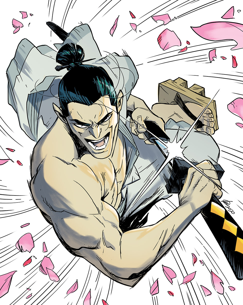 1boy, black_hair, charging_forward, commission, english_commentary, from_above, hair_ornament, hair_stick, highres, holding, holding_sword, holding_weapon, ivan_fiorelli, open_mouth, samurai_jack, samurai_jack_(character), sandals, sheath, shirtless, solo, sword, tied_hair, unsheathing, weapon