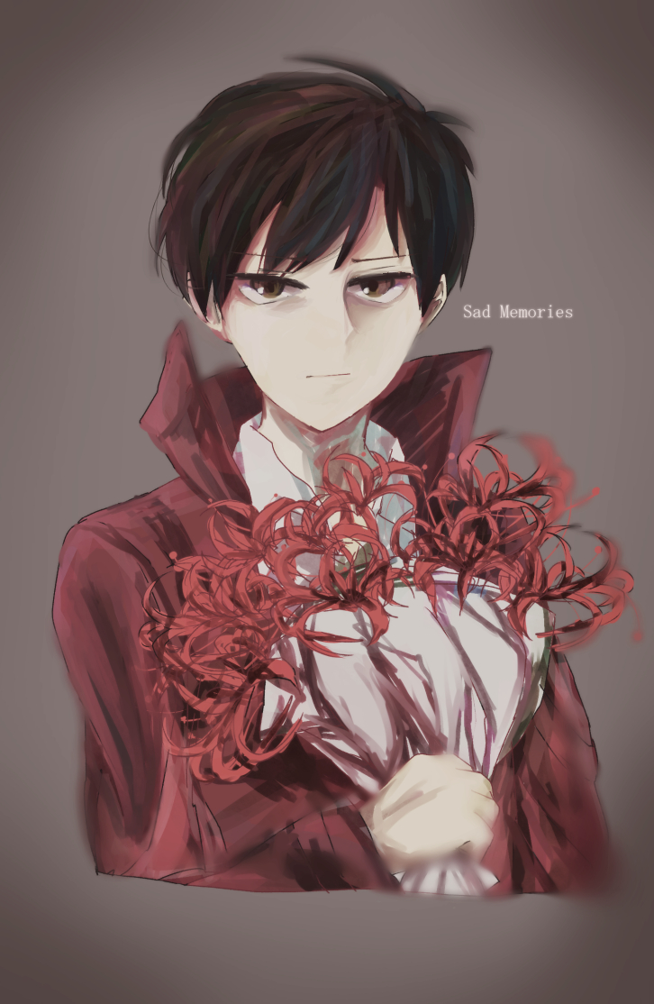 1boy, black_hair, bouquet, coat, darren_shan, flower, open_clothes, open_coat