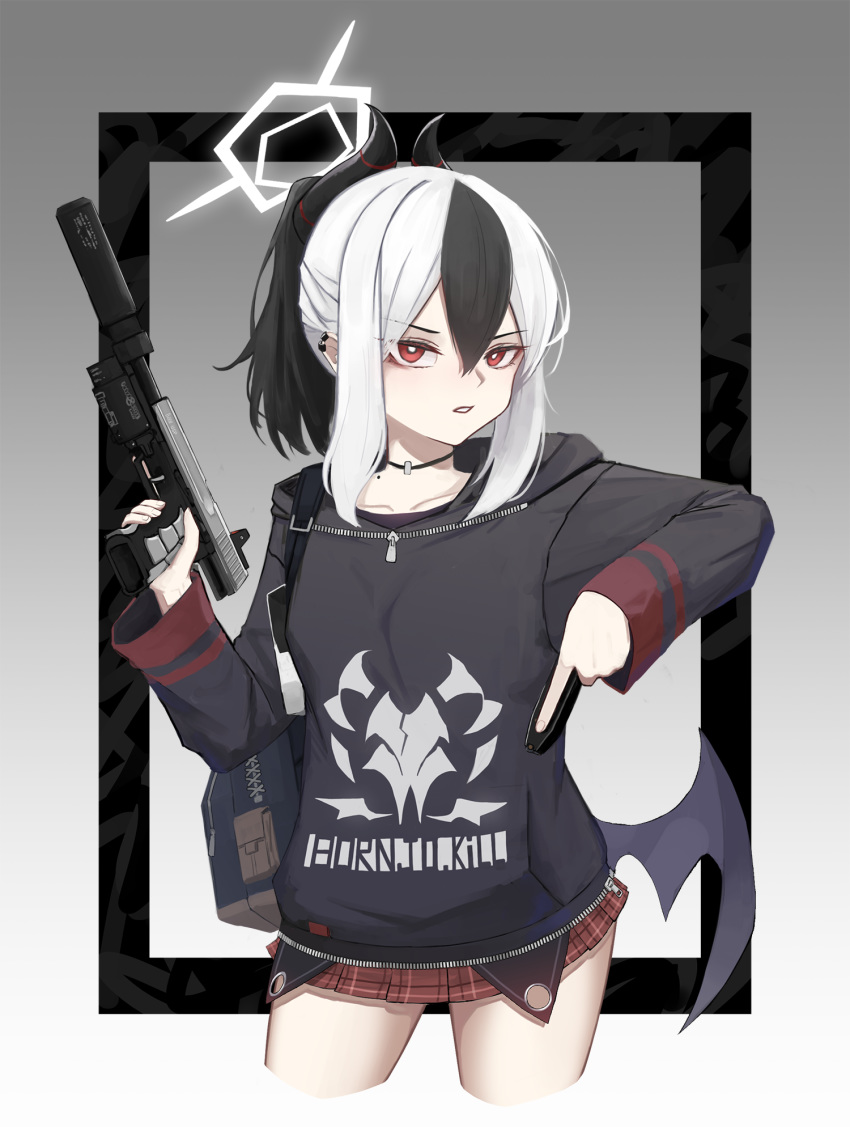 1girl, backpack, bag, bat_wings, black_hair, blue_archive, character_request, choker
