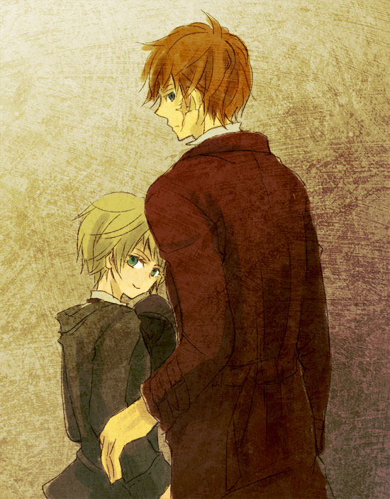 1boy, 1girl, blonde_hair, blue_eyes, coat, green_eyes, kobutya4696, larten_crepsley, long_coat, looking_back, malora_(the_saga_of_larten_crepsley), redhead, scar, short_hair, smile, the_saga_of_darren_shan, the_saga_of_larten_crepsley, younger