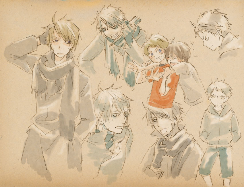 2boys, :p, black_hair, blonde_hair, blush, coat, darren_shan, graphite_(medium)