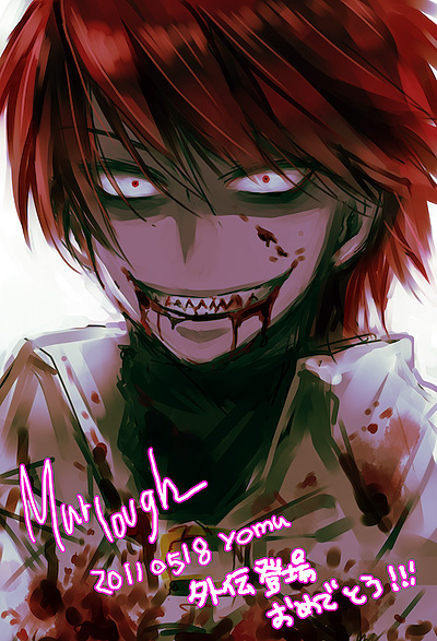1boy, blood, blood_from_mouth, blood_on_face, bloody_clothes, crazy_eyes, evil_smile, murlough