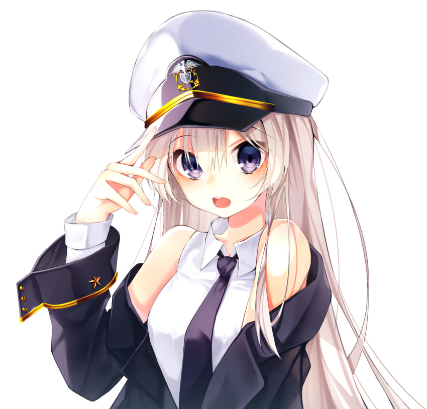 1girl, akawa_1115, azur_lane, bangs, bare_shoulders, black_coat, black_neckwear, blush, breasts, coat, collarbone, collared_shirt, commentary, enterprise_(azur_lane), eyebrows_visible_through_hair, hair_between_eyes, hat, highres, large_breasts, long_hair, long_sleeves, looking_at_viewer, military, military_hat, military_uniform, necktie, off-shoulder_coat, open_clothes, open_coat, open_mouth, peaked_cap, shirt, sidelocks, silver_hair, simple_background, sleeveless, sleeveless_shirt, solo, uniform, upper_body, upper_teeth, very_long_hair, violet_eyes, white_background, white_headwear