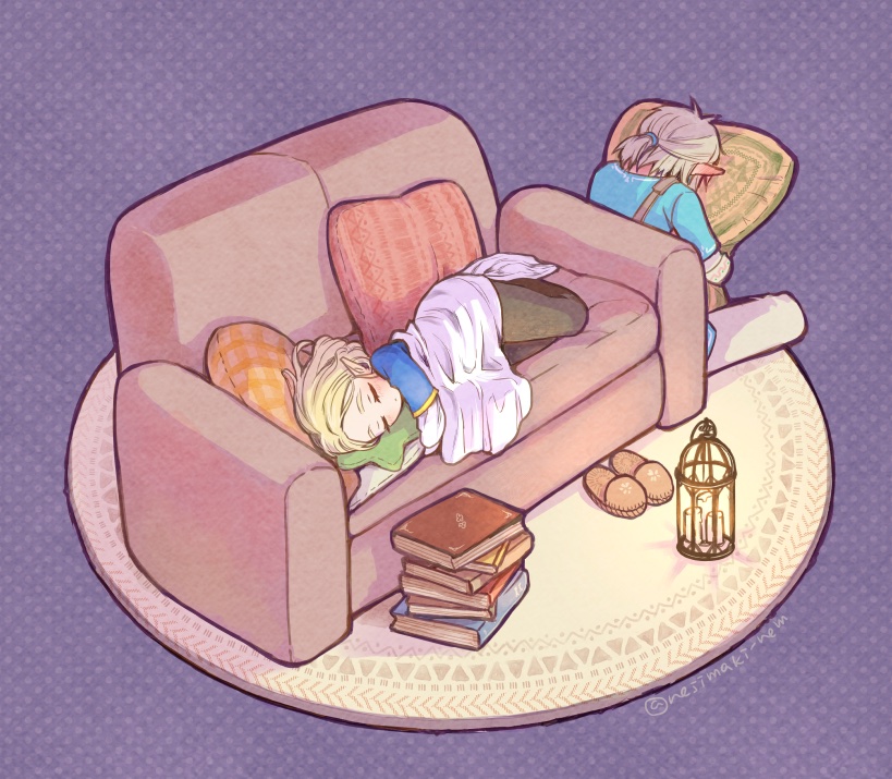1boy, 1girl, black_pants, blanket, blonde_hair, blue_shirt, blush, book_stack