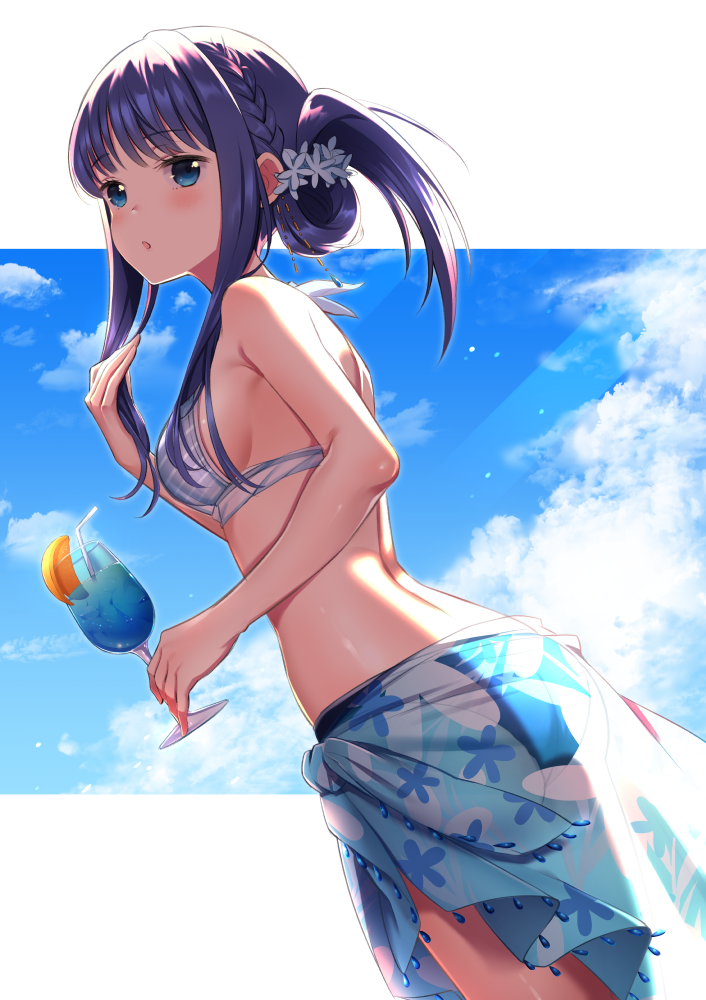 1girl, blue_eyes, blue_hair, blue_sky, blush, braid, clouds, drink