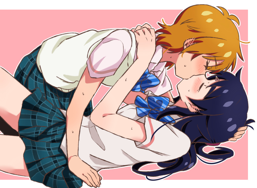 2girls, aqua_skirt, blue_hair, blue_neckwear, blush, bow, bowtie, brown_hair