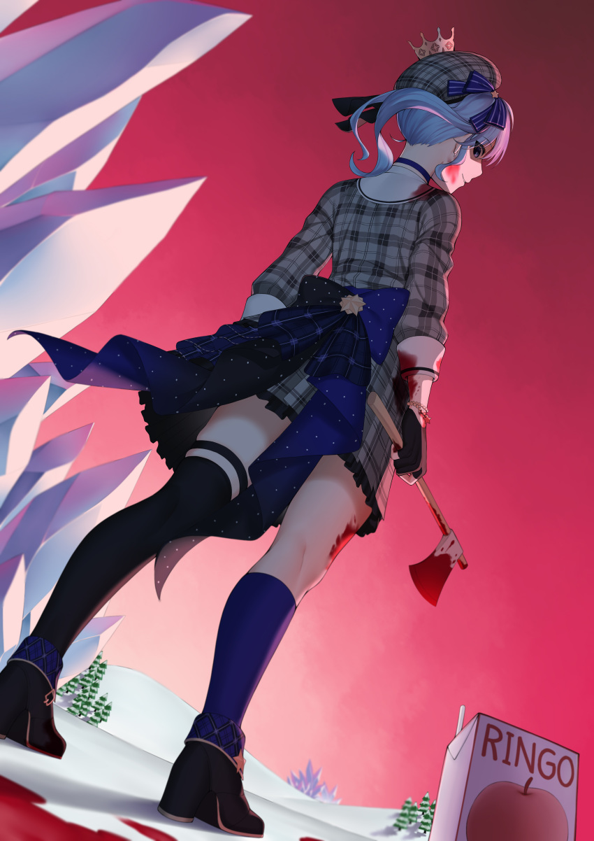 1girl, absurdres, asymmetrical_legwear, back_bow, beret, black_gloves, blood, blood_on_face, bloody_clothes, bloody_weapon, blue_eyes, blue_hair, bow, bracelet, carolrin, checkered, commentary, crown, dress, english_commentary, evil_grin, evil_smile, gloves, grin, hat, highres, hololive, hoshimachi_suisei, jewelry, juice_box, looking_back, looking_down, project_winter, side_ponytail, single_sock, single_thighhigh, smile, snow, socks, solo, thigh-highs, thigh_strap, tree, weapon