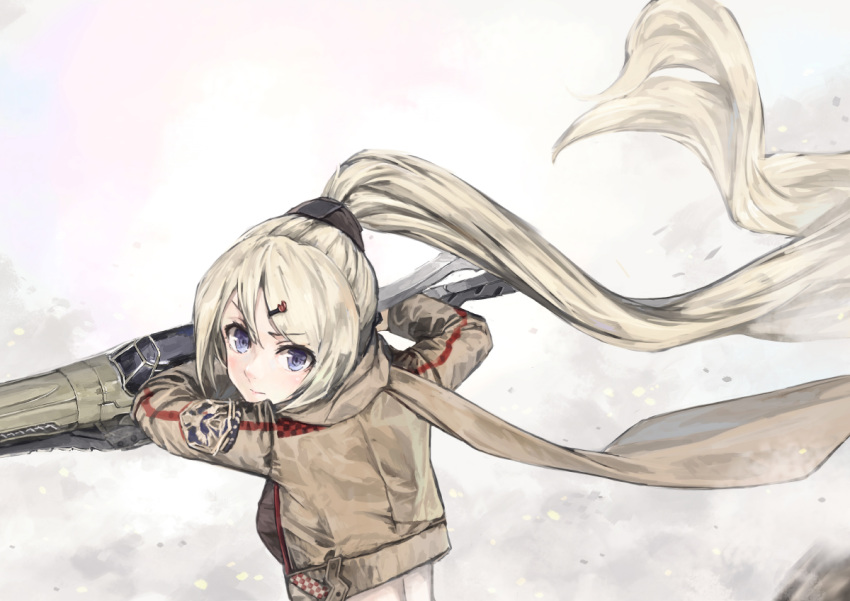 1girl, 54cr, action, ash_arms, bangs, blonde_hair, blue_eyes, brown_jacket, brown_scarf, brown_shirt, checkered, checkered_jacket, cropped_jacket, hair_ornament, hair_tie, hairclip, high_ponytail, holding, holding_weapon, incoming_attack, jacket, leather, leather_jacket, long_hair, looking_at_viewer, looking_back, p-51a_(ash_arms), patch, scarf, serious, shirt, solo, swept_bangs, sword, very_long_hair, weapon