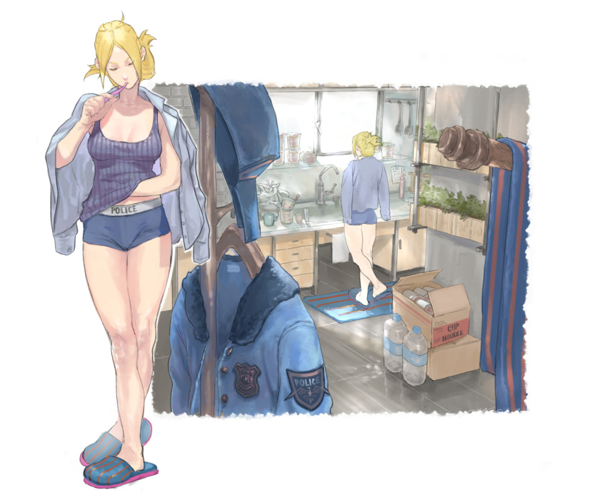 1girl, bangs, blonde_hair, boyshort_panties, breasts, brushing_teeth, folded_ponytail, full_body