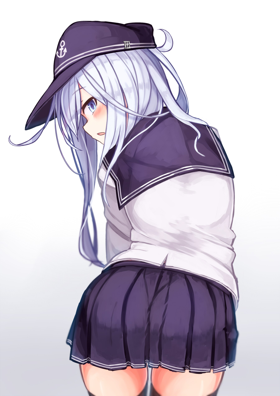 1girl, anchor_symbol, black_headwear, black_legwear, black_skirt, blue_eyes, blush, cowboy_shot