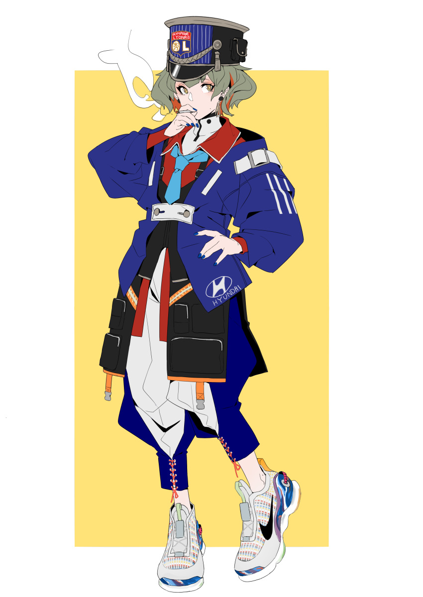 absurdres, androgynous, blue_jacket, blue_nails, blue_neckwear, border, cigarette, collared_shirt