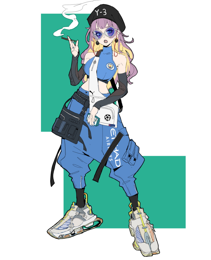 1girl, absurdres, adidas, bag, baggy_pants, belt, belt_pouch, beret, black_headwear, black_legwear, blonde_hair, blue-tinted_eyewear, blue_eyes, blue_nails, blue_pants, breasts, cigarette, cigarette_holder, crop_top, culottes, detached_sleeves, facing_viewer, flat_color, freckles, full_body, green_background, halter_top, halterneck, hat, highres, holding, holding_cigarette, lavender_hair, long_hair, makai, manchester_city_fc, medium_breasts, midriff, mole_on_shoulder, multicolored_hair, open_mouth, original, pants, petite, pouch, product_placement, shoes, shoulder_bag, silver-framed_eyewear, simple_background, smoke, smoking, sneakers, socks, solo, sunglasses, two-tone_hair