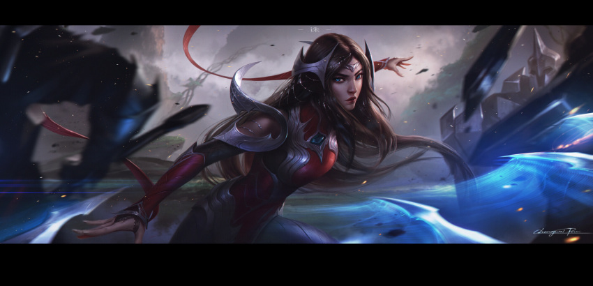 1girl, armor, artist_name, black_hair, blade, blue_eyes, chengwei_pan, fighting_stance, hair_ornament, highres, irelia, league_of_legends, long_hair, looking_at_viewer, signature, very_long_hair, weapon