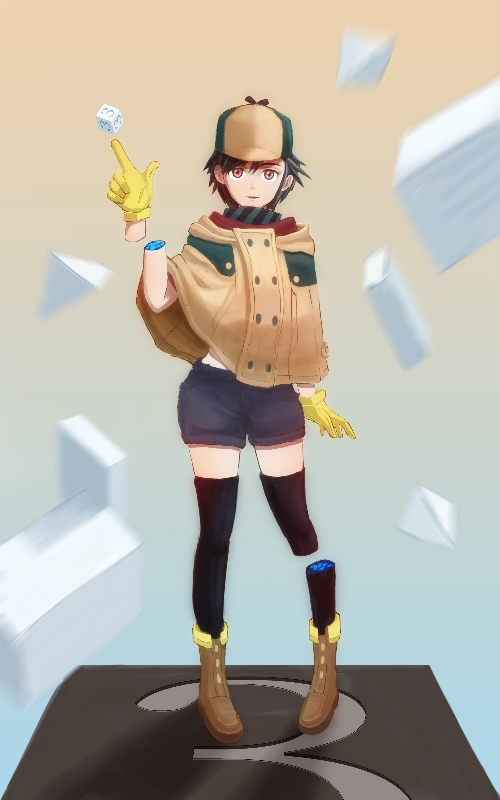 1girl, black_hair, black_legwear, black_shorts, boots, brown_coat, brown_eyes, brown_footwear