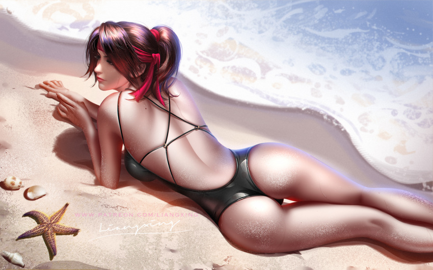 1girl, ass, beach, breasts, brown_eyes, brown_hair, day, final_fantasy