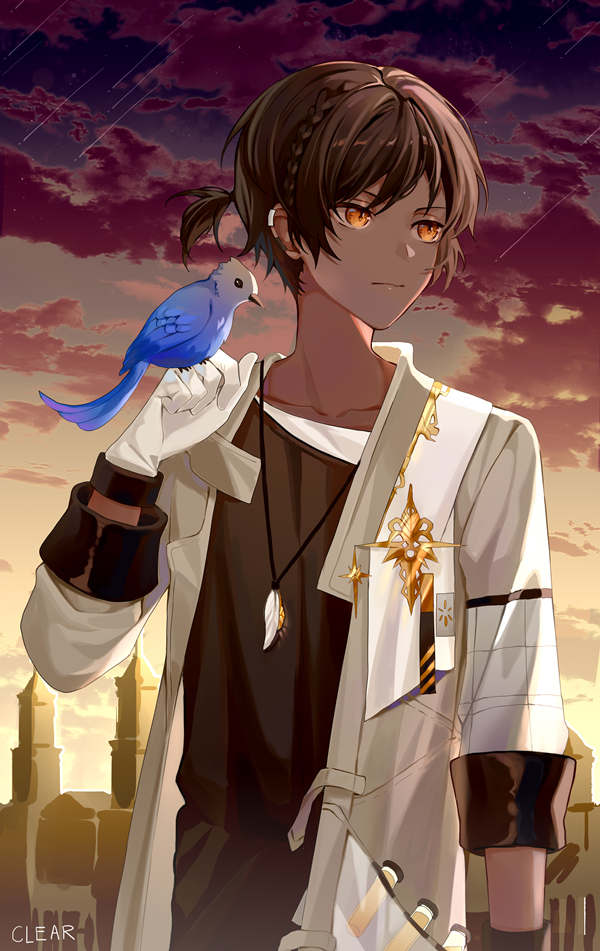 1boy, arknights, bangs, bird, black_shirt, braid, brown_eyes, brown_hair