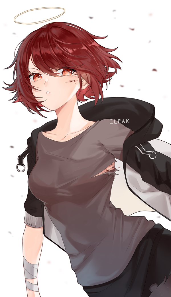 1girl, arknights, bandages, bangs, black_skirt, breasts, chinese_commentary, clear_regulus, collarbone, commentary_request, exusiai_(arknights), eyebrows_visible_through_hair, grey_shirt, hair_between_eyes, halo, jacket, looking_at_viewer, medium_breasts, open_clothes, open_jacket, orange_eyes, parted_lips, redhead, shirt, short_hair, short_sleeves, simple_background, skirt, solo, upper_body, white_background