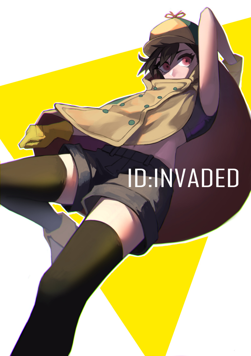 1girl, absurdres, arm_up, black_hair, black_legwear, black_shorts, clenched_hand, coat, copyright_name, gloves, hat, highres, hijiriido_miyo, hondoumachi_koharu, id_:invaded, looking_at_viewer, mgr1219, midriff, pink_eyes, shorts, simple_background, solo, thigh-highs, yellow_gloves, yellow_headwear
