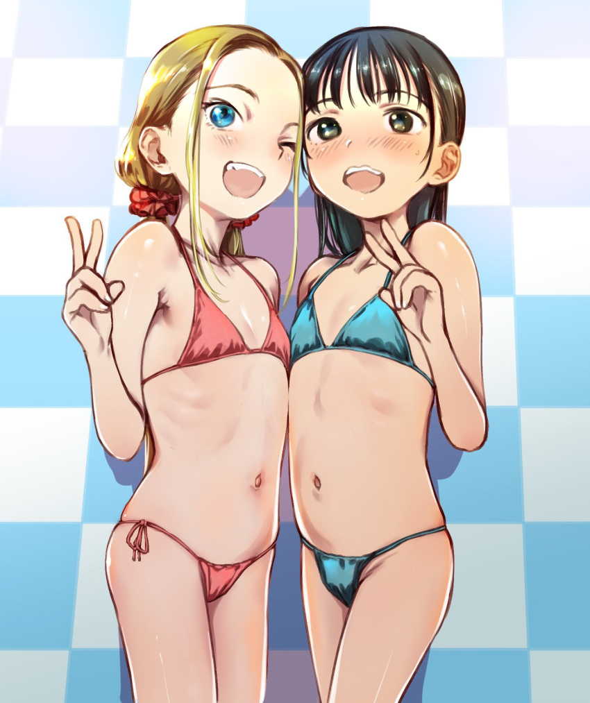 2girls, :d, bikini, black_eyes, black_hair, blonde_hair, blue_bikini, blue_eyes, blush, checkered, checkered_background, cowboy_shot, flat_chest, haguhagu_(rinjuu_circus), hair_ornament, hair_scrunchie, highres, long_hair, looking_at_viewer, low_twintails, multiple_girls, navel, one_eye_closed, open_mouth, original, red_bikini, sakuramoto_konoha, sasha_(haguhagu), scrunchie, smile, standing, swimsuit, twintails, v, w
