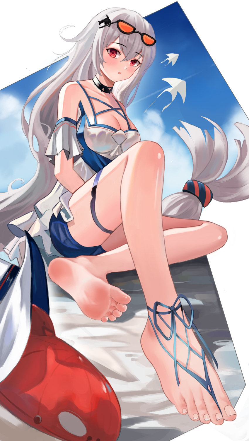 1girl, absurdres, alternate_costume, arknights, bangs, bare_shoulders, barefoot, blush