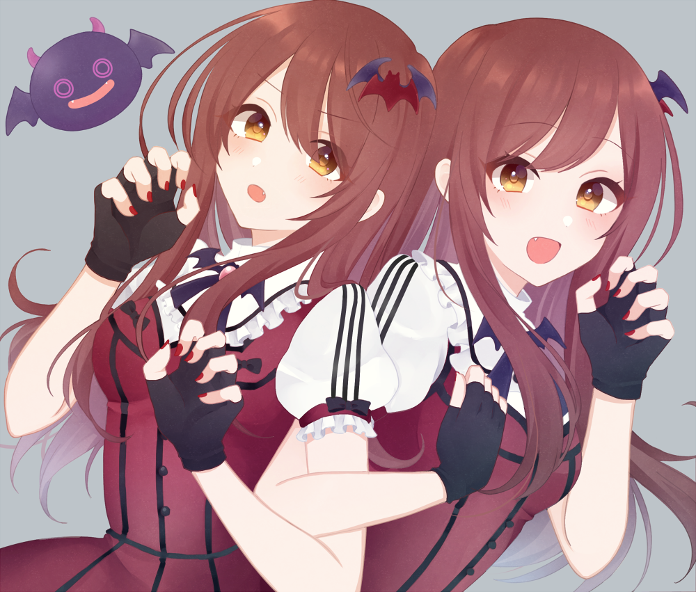 back-to-back, bangs, black_gloves, blush, breasts, brown_eyes, brown_hair, debi_tarou