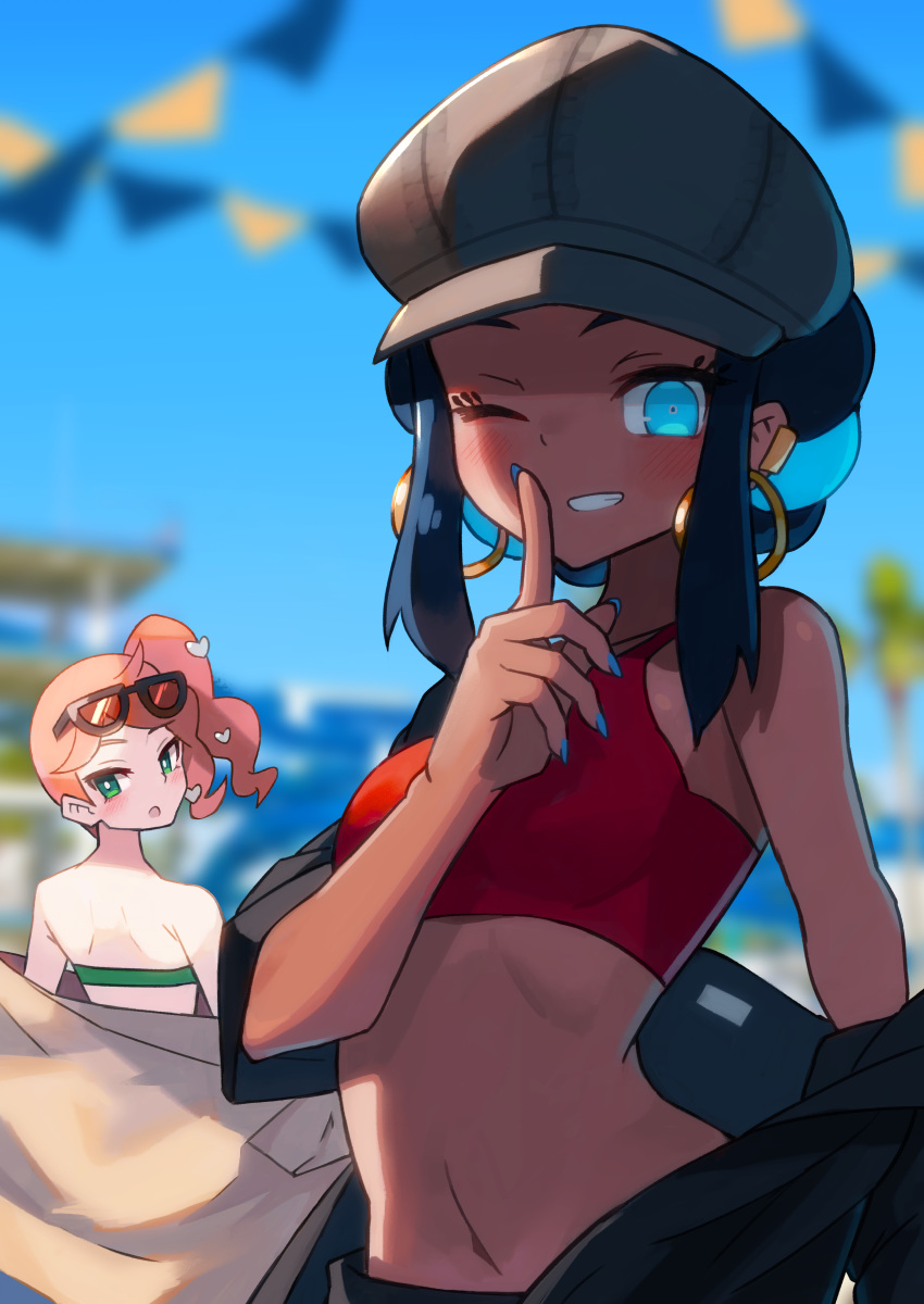 2girls, ;d, absurdres, ahoge, bare_shoulders, bikini, black-framed_eyewear, black_hair, black_headwear, black_jacket, blue_eyes, blue_hair, blue_nails, blue_sky, blurry, blurry_background, breasts, brown_coat, coat, commentary_request, dark_skin, day, depth_of_field, earrings, eyewear_on_head, finger_to_mouth, fingernails, green_bikini, green_eyes, grin, hair_ornament, heart, heart_hair_ornament, highres, hoop_earrings, jacket, jewelry, katsu_(katsupainter), long_fingernails, long_sleeves, looking_at_viewer, looking_back, multicolored_hair, multiple_girls, navel, off_shoulder, one_eye_closed, open_clothes, open_coat, open_jacket, open_mouth, orange_hair, outdoors, pennant, pokemon, pokemon_(game), pokemon_swsh, red-tinted_eyewear, red_bikini, rurina_(pokemon), short_hair, shushing, side_ponytail, sidelocks, sky, small_breasts, smile, sonia_(pokemon), stomach, swimsuit, teeth, two-tone_hair, undressing, upper_body