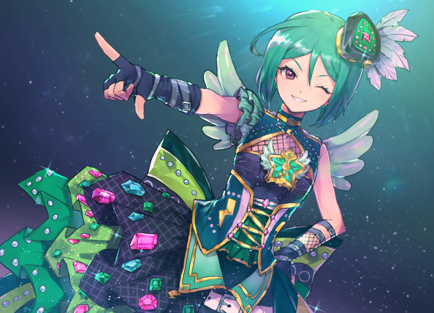 1girl, bangs, blush, eyebrows_visible_through_hair, feathers, fingerless_gloves, gloves, green_hair
