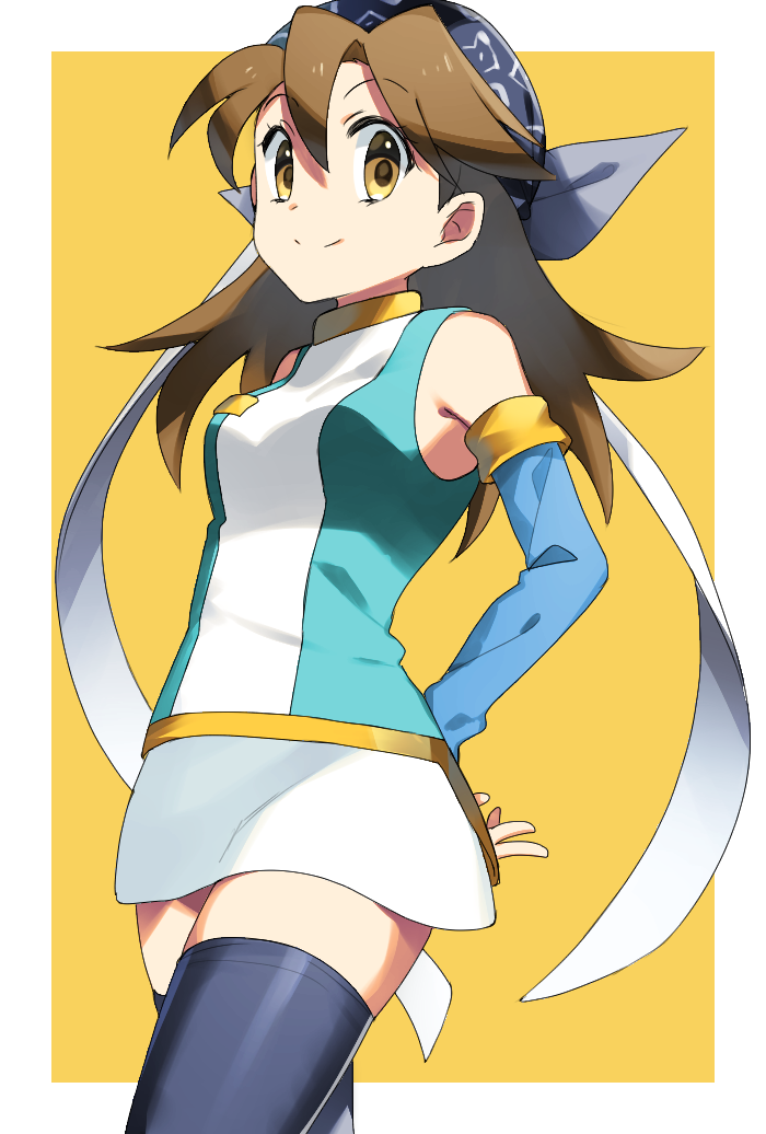 1girl, arms_behind_back, bandana, bangs, black_legwear, breasts, brown_eyes, brown_hair, closed_mouth, commentary_request, eyebrows_visible_through_hair, eyelashes, fingerless_gloves, gloves, long_hair, looking_at_viewer, looking_down, mint_(pokemon), pokemon, pokemon_(game), pokemon_card_gb, smile, solo, thigh-highs, two-tone_background, yuihiko