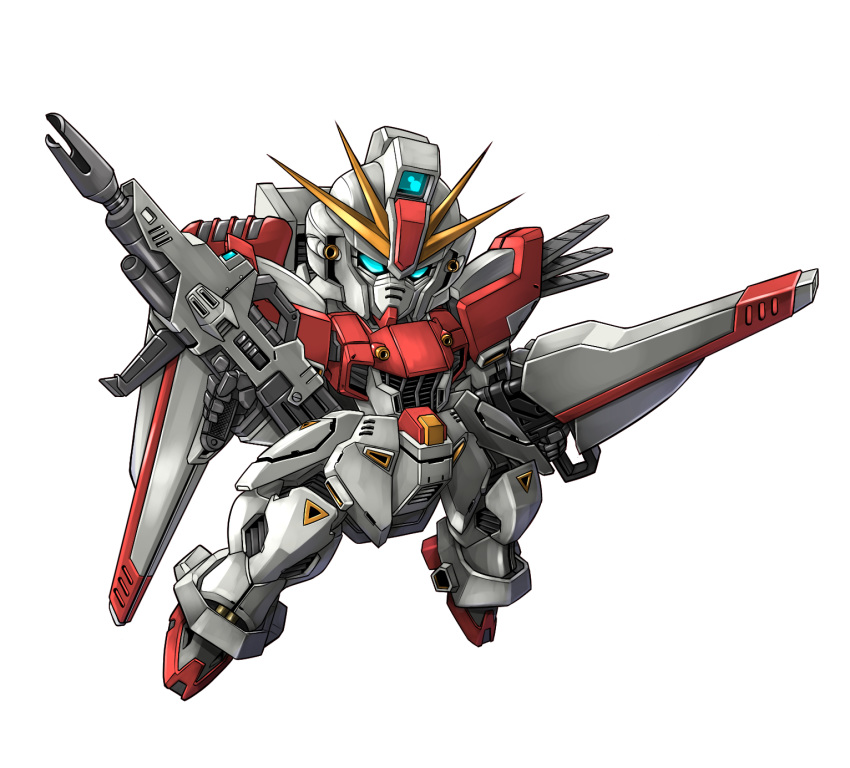 beam_rifle, blue_eyes, chibi, dual_wielding, energy_gun, floating, gun, gundam, gundam_build_fighters, gundam_f91_imagine, highres, holding, holding_gun, holding_weapon, kubotami, looking_down, mecha, no_humans, v-fin, weapon, white_background