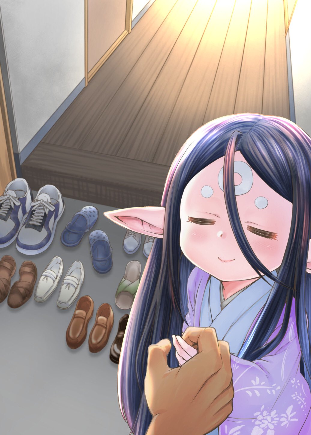 1boy, 1girl, artist_request, bangs, black_hair, blonde_hair, blush, closed_eyes