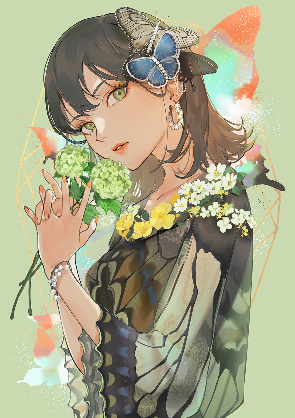 1girl, animal_print, bangs, black_hair, butterfly_hair_ornament, butterfly_on_hair, butterfly_print, character_request