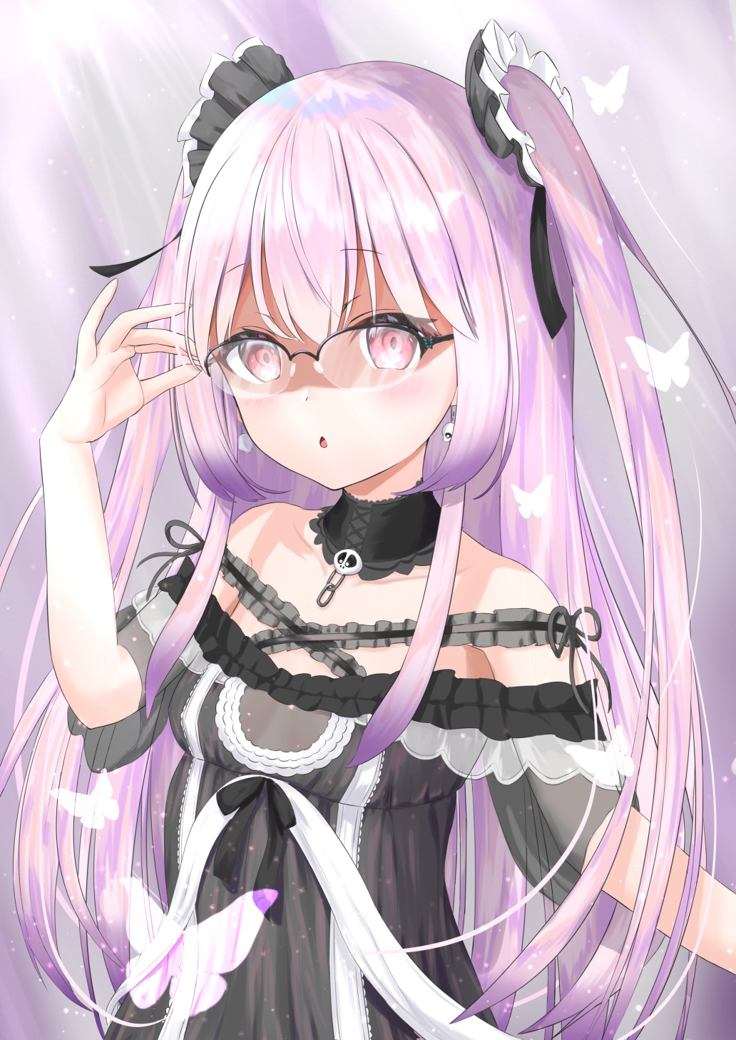 1girl, :o, angry, bangs, bare_arms, bare_shoulders, black-framed_eyewear, black_choker