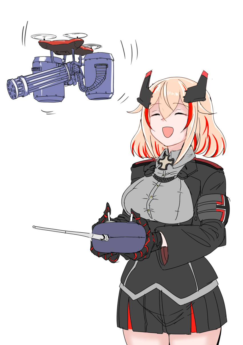 1girl, azur_lane, commentary_request, controller, drone, gatling_gun, hair_ornament, hey_taishou