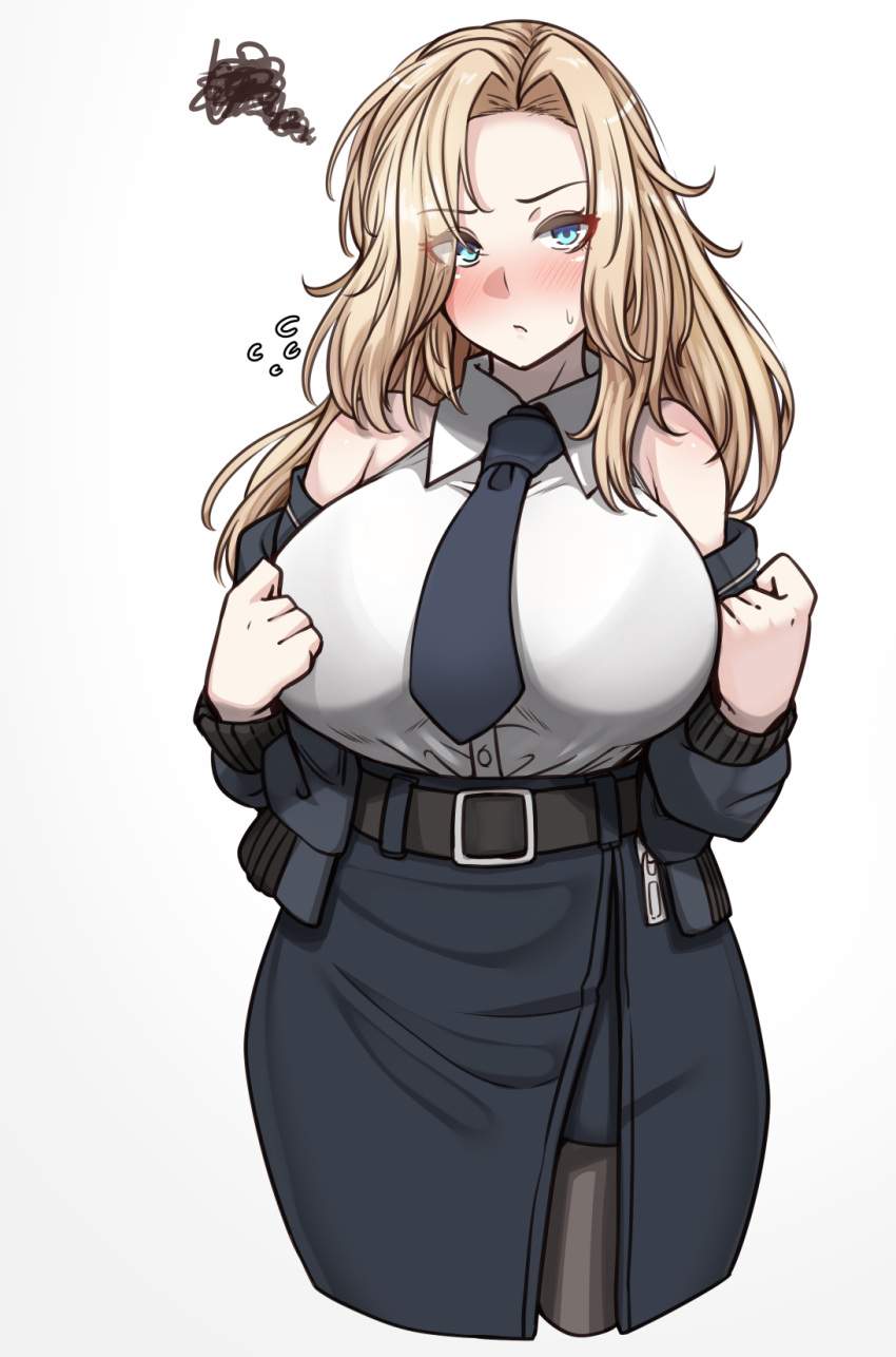 1girl, belt, belt_buckle, black_belt, black_jacket, black_legwear, black_neckwear, black_skirt, blonde_hair, blue_eyes, blush, breasts, buckle, collared_shirt, cropped_legs, eyebrows_visible_through_hair, flying_sweatdrops, highres, hornet_(kantai_collection), huge_breasts, jacket, kantai_collection, long_hair, long_sleeves, necktie, pantyhose, ryuun_(stiil), shirt, skirt, sleeveless, sleeveless_shirt, solo, white_shirt
