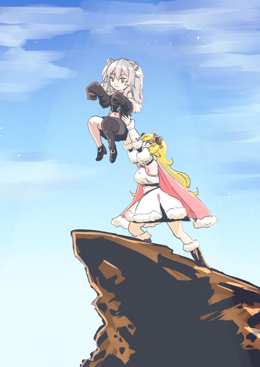 animal_ears, armpits, black_jacket, blonde_hair, blue_sky, boots, cape, cliff, clouds, cloudy_sky, commentary_request, detached_sleeves, dress, earrings, eyebrows_visible_through_hair, fur-trimmed_cape, fur-trimmed_dress, fur_trim, grey_eyes, grey_hair, hair_between_eyes, highres, holding_another, hololive, horns, jacket, jewelry, lion_ears, lion_girl, long_hair, outstretched_arms, parody, pink_cape, sheep_girl, sheep_horns, shibe, shishiro_botan, single_thighhigh, sky, sleeves_past_wrists, thigh-highs, tsunomaki_watame, virtual_youtuber, white_dress