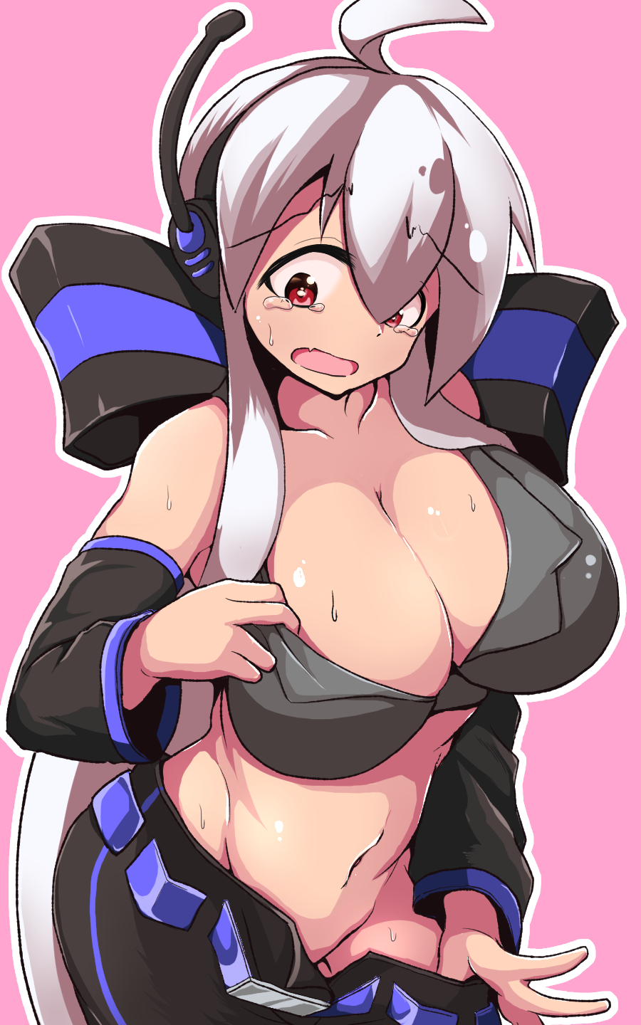 1girl, blush, breasts, crying, embarrassed, eyebrows_visible_through_hair, fang, hair_between_eyes, highres, ikuzonomiki12, large_breasts, long_hair, no_panties, open_mouth, red_eyes, silver_hair, skin_fang, solo, sweat, tearing_up, tears, vocaloid, voyakiloid, wavy_mouth, yowane_haku