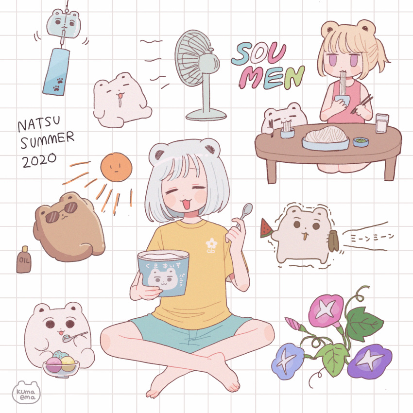 2girls, :3, :d, absurdres, animal_ears, aqua_shorts, bangs, barefoot