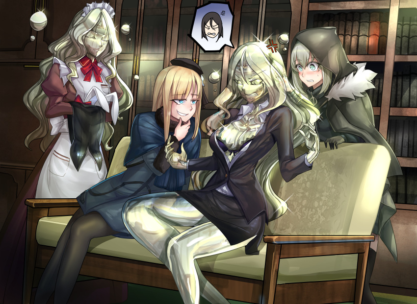 4girls, absurdres, anger_vein, angry, animal_ears, black_headwear, black_skirt, blue_coat