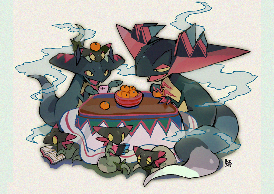black_eyes, blue_skin, bowl, cellphone, commentary, dragapult, drakloak, dreepy, family, film_grain, fingernails, food, fruit, gen_8_pokemon, green_skin, holding, holding_phone, kantarou_(8kan), kotatsu, long_fingernails, looking_at_another, mandarin_orange, manga_(object), multicolored, multicolored_skin, nintendo_switch, open_mouth, phone, playing_games, pokemon, pokemon_(game), pokemon_swsh, reading, signature, sleeping, smartphone, steam, table, under_kotatsu, under_table, yellow_sclera
