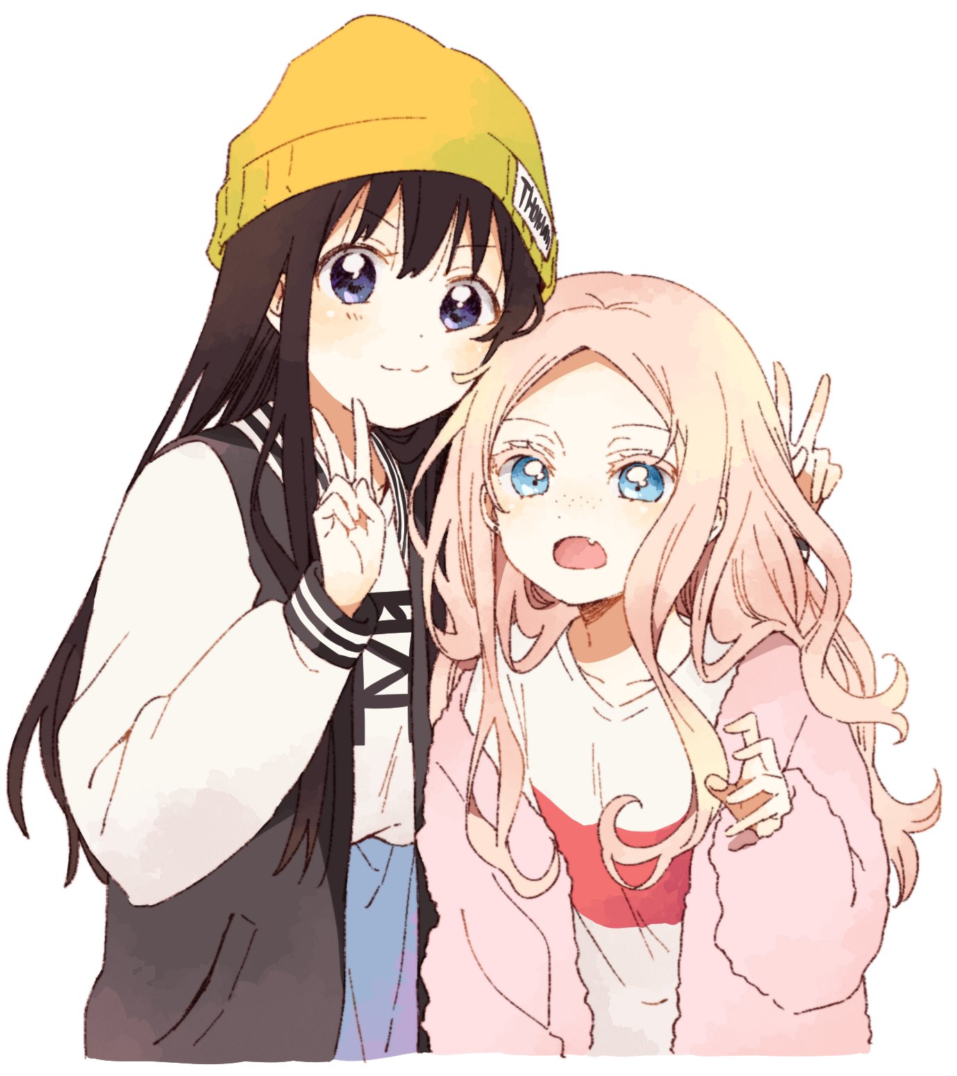 2girls, :o, arm_behind_back, black_hair, black_jacket, blue_eyes, character_request, cheek_press, eyebrows_visible_through_hair, fang, futari_escape, hair_down, head_on_head, highres, jacket, long_hair, looking_at_viewer, multiple_girls, namori, pink_hair, pink_sweater, shirt, simple_background, skin_fang, smile, striped, striped_shirt, sweater, v, v-neck, violet_eyes, white_background, white_shirt, white_sleeves, yellow_headwear