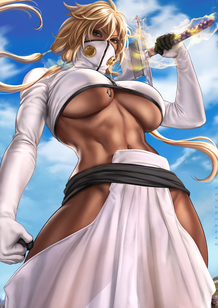 bleach, blonde_hair, breasts, dandon_fuga, dark_skin, gloves, green_eyes, highres